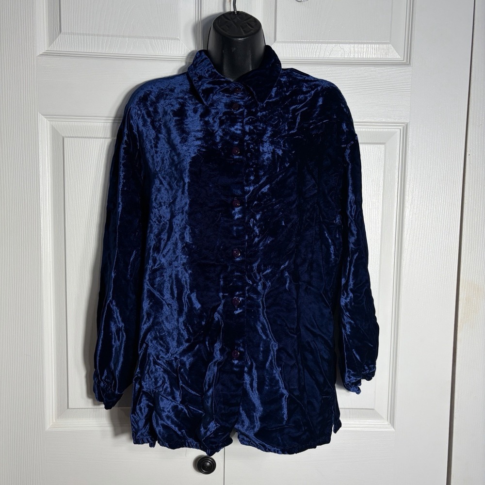 Vintage Liz Claiborne Crushed Velvet Shirt Women L Royal Blue 90s Button Down